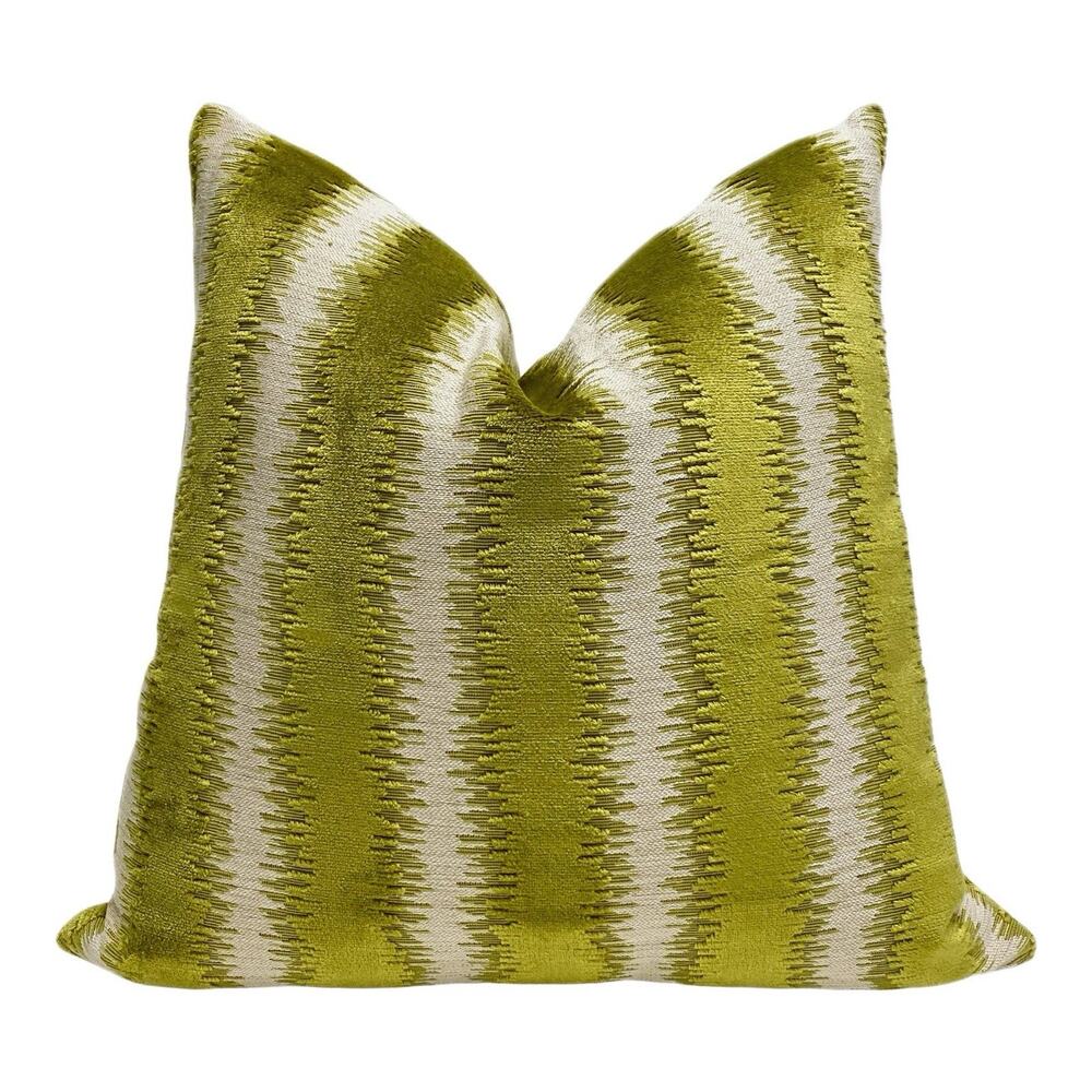Chartreuse Velvet Throw Pillow Case Green Cream Stripe Smithy Home Couture